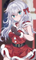 Rule 34 | 1girl, absurdres, belt, belt buckle, black belt, black gloves, blue eyes, bow, buckle, capelet, christmas, commentary request, dress, fathom, fur-trimmed capelet, fur-trimmed dress, fur-trimmed gloves, fur trim, gloves, hair ribbon, hibiki (kancolle), highres, kantai collection, looking at viewer, red bow, red capelet, red dress, red ribbon, ribbon, santa costume, santa dress, solo, white hair