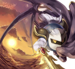 Rule 34 | armor, cape, cloud, galaxia (sword), gem, gloves, hainegom, highres, janis (hainegom), kirby (series), male focus, mask, meta knight, nintendo, no humans, solo, sun, sword, water, weapon, wings, yellow eyes