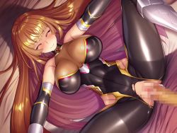 Rule 34 | 1boy, 1girl, aoi nagisa (metalder), ass, bed, breasts, brown hair, cameltoe, censored, cum, cum in mouth, curvy, embarrassed, erection, fingerless gloves, game cg, gloves, hetero, hime cut, koukawa asuka, large breasts, lilith-soft, long hair, looking at another, looking at viewer, missionary, nipples, on bed, penis, sex, shiny clothes, shiny skin, smile, spread legs, sweat, taimanin (series), taimanin asagi, taimanin rpgx, torn clothes, vaginal