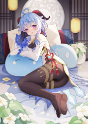 Rule 34 | 1girl, absurdres, ahoge, ass, bare shoulders, bed, bell, black gloves, blue hair, blush, bodysuit, bodysuit under clothes, commentary request, cowbell, daidai (318706698), detached sleeves, eyelashes, feet, flower, flower knot, full body, ganyu (genshin impact), genshin impact, gloves, goat horns, gold trim, grey bodysuit, hair between eyes, hand up, highres, horns, indoors, lantern, lattice, long hair, long sleeves, looking at viewer, lying, neck bell, on bed, on side, open mouth, petals, pillow, plant, potted plant, purple eyes, qingxin flower, red horns, sidelocks, slime (genshin impact), smile, soles, solo, tassel, thighs, very long hair, vision (genshin impact), white flower, white sleeves