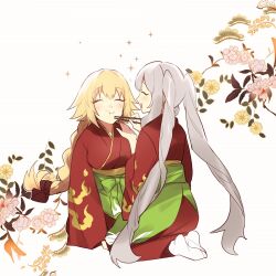 Rule 34 | 2girls, blonde hair, blush, braid, braided ponytail, breasts, chopsticks, closed eyes, eating, fate/grand order, fate (series), feeding, flower, green hakama, hakama, highres, japanese clothes, jeanne d&#039;arc (fate), jeanne d&#039;arc (ruler) (fate), kimono, large breasts, long hair, long sleeves, marie antoinette (fate), mash kyrielight (enma-tei uniform), medium breasts, multiple girls, no-kan, open mouth, red kimono, seiza, sidelocks, sitting, smile, twintails, very long hair, white hair, wide sleeves