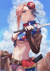 Rule 34 | 1girl, american flag bikini, asymmetrical gloves, asymmetrical hair, belt, bikini, blue eyes, breasts, brown belt, brown gloves, bun cover, closed mouth, cloud, elbow gloves, fate/grand order, fate (series), fingerless gloves, flag print, gloves, gunblade, hair bun, head tilt, highres, large breasts, leather, leather gloves, long hair, looking at viewer, miyamoto musashi (fate), miyamoto musashi (fate/grand order), miyamoto musashi (swimsuit berserker) (fate), miyamoto musashi (swimsuit berserker) (second ascension) (fate), navel, outdoors, over shoulder, pink hair, print swimsuit, rock, shrug (clothing), single elbow glove, single hair bun, single side bun, single sidelock, sky, solo, swimsuit, sword, sword over shoulder, tesin (7aehyun), uneven gloves, upper body, weapon, weapon over shoulder