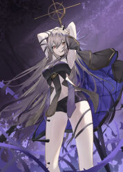 Rule 34 | 1girl, absurdres, alchemy stars, areia (alchemy stars), armpits, arms up, black shirt, black shorts, breasts, brown eyes, cape, feet out of frame, flantia, grey hair, hair between eyes, highres, holding, holding sword, holding weapon, long hair, looking at viewer, micro shorts, parted lips, plant, raised eyebrows, shirt, shorts, sleeveless, sleeveless shirt, small breasts, solo, spikes, standing, sword, thorns, vines, weapon