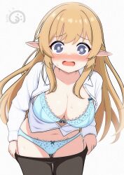 Rule 34 | 1girl, black pantyhose, blonde hair, blue bra, blue eyes, blue panties, blush, bra, breasts, buttons, dated, elf, embarrassed, highres, large breasts, leaning forward, long hair, long sleeves, looking at viewer, navel, open mouth, original, panties, pantyhose, partially unbuttoned, pointy ears, print panties, pussy juice, shirt, sidelocks, simple background, solo, sweatdrop, tearing up, thigh gap, underwear, undressing, vuta, webp-to-png conversion, white background, white shirt
