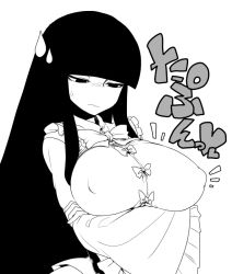 Rule 34 | 1girl, alternate breast size, bow, breast hold, breasts, covered erect nipples, crossed arms, greyscale, hime cut, houraisan kaguya, huge breasts, long hair, monochrome, solo, spacezin, sweatdrop, touhou, translation request, wide sleeves
