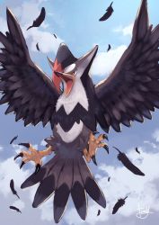 Rule 34 | beak, blue sky, claws, cloud, creatures (company), day, feathers, game freak, gen 4 pokemon, highres, nintendo, no humans, open mouth, pokemon, pokemon (creature), red eyes, signature, sky, solo, spread wings, staraptor, tesshii (riza4828)