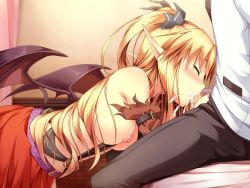 Rule 34 | 1girl, blonde hair, blush, breasts, censored, cum, cum in mouth, erect!, closed eyes, fellatio, game cg, long hair, nipples, oral, penis, piromizu, pointy ears, solo, tail, tiana jill lilithtia, wings