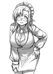 Rule 34 | 00s, 1girl, ascot, breasts, brooch, cleavage, cowboy shot, cropped legs, downblouse, female focus, glasses, greyscale, hand on own hip, hand on own thigh, hand on thigh, jewelry, kazami mizuho, large breasts, leaning forward, looking at viewer, monochrome, onegai teacher, pas (paxiti), pencil skirt, rimless eyewear, sketch, skirt, solo, teacher