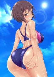 Rule 34 | 1girl, ass, ass grab, azumanga daiou, bare shoulders, blue one-piece swimsuit, blue sky, blush, breasts, brown eyes, brown hair, cloud, commentary request, competition swimsuit, curvy, day, female focus, from behind, grabbing own ass, highres, huge ass, kagura (azumanga daioh), large breasts, lens flare, looking at viewer, looking back, one-piece swimsuit, one-piece tan, partially visible vulva, shiny skin, short hair, shoulder blades, sky, smile, solo, standing, sun, swimsuit, tan, tanline, teeth, thighs, wantsupanchi!!, wet