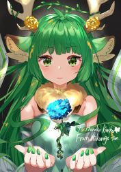 Rule 34 | 1girl, absurdres, animal ear fluff, animal ears, antlers, artist name, blue flower, character name, commentary, commission, detached sleeves, dress, english commentary, floating, flower, green dress, green eyes, green hair, green nails, haruka karibu, highres, horns, indie virtual youtuber, kikurage tom., moose ears, moose girl, nail polish, parted lips, rose, second-party source, skeb commission, solo, virtual youtuber, yellow flower, yellow rose