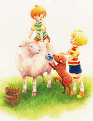 Rule 34 | 2boys, animal, blonde hair, blouse, boney, brothers, child, claus (mother 3), dog, green eyes, headpat, lucas (mother 3), male focus, mother (game), mother 3, multiple boys, nintendo, orange hair, painting (medium), sheep, shirt, siblings, smile, straddling, striped clothes, striped shirt, traditional media, twins, watercolor (medium)