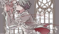 Rule 34 | 1boy, church, closed mouth, commentary request, flower, formal, from side, grey eyes, grey hair, hands up, highres, indoors, jacket, kankara nashi, long sleeves, male focus, original, profile, red jacket, red ribbon, ribbon, shirt, short hair, solo, string, string of fate, suit, suit jacket, transparent flower, two-sided fabric, two-sided jacket, upper body, white flower, white jacket, white shirt, window