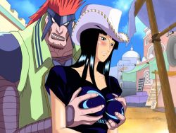 Rule 34 | 1boy, 1girl, artist request, ass, bismarck (one piece), black hair, blush, grabbing another&#039;s breast, breasts, cowboy hat, facial hair, grabbing, hat, hetero, large breasts, long hair, nico robin, one piece, one piece: the cursed holy sword, saga (one piece), shirt