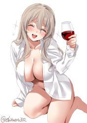Rule 34 | 1girl, :d, ^ ^, alcohol, barefoot, blush, breasts, closed eyes, collarbone, collared shirt, commentary request, cup, dress shirt, drinking glass, ebifurya, facing viewer, grey hair, hair between eyes, hand up, highres, holding, holding cup, kantai collection, large breasts, leaning to the side, long hair, long sleeves, naked shirt, one-hour drawing challenge, open clothes, open mouth, open shirt, pola (kancolle), shirt, simple background, sleeves past wrists, smile, solo, sparkle, teeth, thighs, twitter username, upper teeth only, white background, white shirt, wine, wine glass