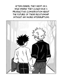 Rule 34 | 2boys, bakugou katsuki, bakuverde, boku no hero academia, closed mouth, comic, commentary, english commentary, english text, from behind, greyscale, highres, holding hands, long sleeves, looking at another, male focus, midoriya izuku, monochrome, multiple boys, open mouth, outdoors, pants, shirt, short hair, smile, spiked hair, standing, walking, yaoi