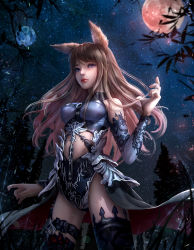 Rule 34 | 1girl, absurdres, animal ears, armor, bare shoulders, black thighhighs, blue eyes, breasts, brown hair, center opening, closed mouth, cowboy shot, dress, elbow gloves, eyelashes, fingernails, forest, garter straps, gloves, grass, tucking hair, hand in own hair, hand up, harness, highleg, highleg leotard, highres, leotard, light particles, lips, lipstick, long hair, makeup, mascara, midriff, moon, multiple moons, nail polish, nature, night, night sky, nose, original, peachpa, pink lips, pink nails, plant, red moon, showgirl skirt, sky, solo, star (sky), starry sky, strap, thighhighs, tree, turtleneck, wolf ears