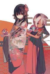 Rule 34 | 2girls, animal ears, bad id, bad pixiv id, commentary request, dog ears, floral print, flower, hair flower, hair ornament, japanese clothes, kanzashi, kimono, layered clothes, layered kimono, long hair, long sleeves, looking at viewer, multiple girls, obi, original, sash, smile, suzukami, wide sleeves, yukata