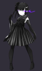 Rule 34 | 10s, 1girl, abyssal ship, ancient destroyer oni, black footwear, black gloves, black hair, black thighhighs, boots, colored skin, comah, drill hair, elbow gloves, expressionless, full body, gloves, glowing, glowing eyes, hakama, hakama short skirt, hakama skirt, high heel boots, high heels, highres, holding, holding hair, japanese clothes, kantai collection, looking at viewer, meiji schoolgirl uniform, pale skin, pleated skirt, purple background, side ponytail, simple background, single sleeve, skirt, solo, thigh boots, thighhighs, white skin