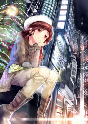 Rule 34 | 1girl, aldehyde, bad id, bad pixiv id, blush, boots, building, head rest, christmas tree, city, hat, jacket, long hair, original, pants, red eyes, red hair, sitting, smile, solo, sweater