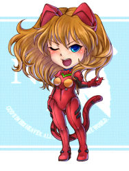 Rule 34 | 1girl, adapted costume, animal ears, blue background, blue eyes, brown hair, cat ears, cat girl, cat tail, checkered background, chibi, english text, fake animal ears, female focus, full body, hair between eyes, kemonomimi mode, long hair, nemu-moco, neon genesis evangelion, one eye closed, plugsuit, solo, souryuu asuka langley, standing, tail, teeth, twintails, upper teeth only, v-shaped eyebrows, wink
