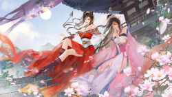 Rule 34 | 2girls, absurdres, bare legs, bare shoulders, bell, blue sky, boots, branch, brown hair, building, chi lian (qin shi ming yue), dress, dual persona, flower, gongzi qi, hair bun, highres, jacket, mountain, multi-tied hair, multiple girls, o-ring, off-shoulder dress, off shoulder, pink jacket, qinshi mingyue, red dress, second-party source, sky, stairs, tiara, white dress, wind