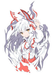 Rule 34 | 1girl, absurdres, arm up, bow, breasts, buttons, closed mouth, collared shirt, fingernails, fujiwara no mokou, hair between eyes, hair bow, highres, ichizen (o tori), long hair, long sleeves, looking at viewer, medium breasts, ofuda, ofuda on clothes, pants, puffy long sleeves, puffy sleeves, red bow, red pants, shirt, simple background, smile, solo, standing, suspenders, touhou, white background, white bow, white hair, white shirt, yellow eyes