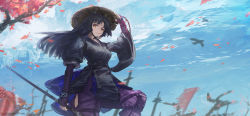 Rule 34 | 1girl, animal ears, arknights, artist name, bird, black hair, black kimono, dog ears, fingerless gloves, franlol, gloves, hand on headwear, hat, highres, hip vent, holding, holding polearm, holding weapon, japanese clothes, kimono, long hair, looking at viewer, mouth hold, outdoors, pants, parted bangs, petals, polearm, purple gloves, purple pants, saga (arknights), stalk in mouth, standing, straw hat, tree, weapon, wide sleeves, yellow eyes