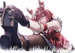 Rule 34 | 1girl, animal ears, black footwear, black gloves, breasts, dress, ear covers, ear ornament, feather hair ornament, feathers, fingerless gloves, gloves, grass, green eyes, hair between eyes, hair ornament, hakekeke2525, highres, horse ears, horse girl, horseshoe ornament, long hair, looking at viewer, on grass, pantyhose, red dress, red hair, simple background, single bare shoulder, small breasts, smile, solo, umamusume, white background, win variation (umamusume)