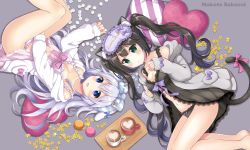 Rule 34 | 2girls, :d, animal ears, artist name, babydoll, bare shoulders, black babydoll, black hair, black panties, blush, bow, bow panties, breasts, cat ears, cat girl, cat tail, cleavage, commentary request, cup, diagonal stripes, fingernails, food, gradient hair, green eyes, grey jacket, hair between eyes, hair bow, hands up, heart, heart-shaped pillow, hood, hood down, hooded jacket, hot chocolate, jacket, kuu-chan (sakurai makoto (custom size)), latte art, long hair, long sleeves, looking at viewer, lying, macaron, medium breasts, multicolored hair, multiple girls, navel, off shoulder, on side, open clothes, open jacket, open mouth, original, panties, parted lips, pillow, pink babydoll, pink bow, pink panties, purple bow, purple eyes, purple hair, sakurai makoto (custom size), shii-chan (sakurai makoto (custom size)), sidelocks, silver hair, sleeves past wrists, smile, star (symbol), striped, striped bow, tail, tail raised, teacup, twintails, underwear, very long hair, white jacket