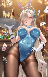 Rule 34 | 1girl, absurdres, animal ears, aqua eyes, asuna (blue archive), asuna (bunny) (blue archive), bare shoulders, blonde hair, blue archive, blue bow, blue bowtie, blue leotard, blush, bow, bowtie, breasts, brown pantyhose, card, cleavage, covered navel, cup, detached collar, drink, elbow gloves, fake animal ears, floating card, from below, gloves, grin, hair over one eye, hairband, halo, hand on own hip, highres, holding, holding tray, large breasts, leotard, long hair, looking at viewer, looking down, mole, mole on breast, pantyhose, playboy bunny, playing card, poker chip, rabbit ears, smile, solo, thighband pantyhose, thighs, tray, white gloves, white hairband, yj (yojo san)