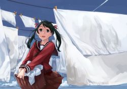 Rule 34 | 1girl, basket, bed sheet, black hair, blue sky, brown sailor collar, brown serafuku, brown skirt, clothesline, cloud, commentary request, contrail, day, grey eyes, kantai collection, long hair, looking at viewer, makio (makiomeigenbot), mikuma (kancolle), outdoors, pleated skirt, sailor collar, school uniform, serafuku, skirt, sky, smile, solo, twintails