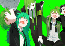 Rule 34 | 5boys, absurdres, armband, black hair, black jacket, black pants, drunk, giovanni (project moon), green background, green necktie, hamelon310, highres, jacket, library of ruina, lobotomy corporation, long hair, multiple boys, multiple persona, necktie, netzach (project moon), one eye closed, open mouth, pants, project moon, roland (project moon), squeans, very long hair, yawning, yellow eyes