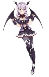 Rule 34 | 1girl, bat wings, boots, breasts, cleavage, fingerless gloves, full body, gloves, hair intakes, head wings, looking at viewer, mole, mole on breast, navel, non-web source, official art, pleated skirt, purple hair, red eyes, simple background, skirt, smile, solo, strea (sao), sword art online, thigh boots, thighhighs, white background, wings