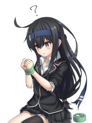 Rule 34 | 1girl, ?, black hair, black thighhighs, blazer, blue hairband, bound, bound wrists, brown eyes, commentary request, hairband, hatsushimo (kancolle), headband, highres, jacket, kantai collection, long hair, low-tied long hair, pleated skirt, school uniform, simple background, single thighhigh, sitting, skirt, solo, tape, tape bondage, thighhighs, umino ht, white background