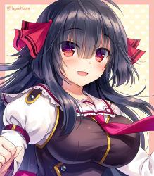 Rule 34 | 1girl, :d, black hair, brown vest, collared shirt, commentary request, copyright request, gold trim, hagino kouta, hair between eyes, hair ribbon, heart, heart background, juliet sleeves, long hair, long sleeves, looking at viewer, necktie, open mouth, puffy sleeves, purple necktie, red eyes, red ribbon, ribbon, school uniform, serafuku, shirt, smile, solo, very long hair, vest, white shirt