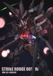 Rule 34 | absurdres, artist name, brayanong999, character name, commentary, english commentary, explosion, flying, glowing, glowing eyes, green eyes, gundam, gundam seed, highres, mecha, mechanical wings, no humans, robot, science fiction, shield, solo, space, strike rouge, v-fin, watermark, wings