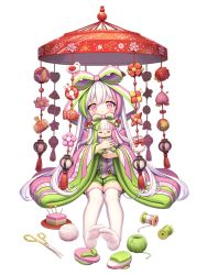 Rule 34 | 1girl, bow, doll, drum, feet, food, food fantasy, unworn footwear, fruit, green shorts, hair bow, highres, hishi mochi (food fantasy), hishimochi, holding, holding doll, instrument, japanese clothes, kimono, lantern, long hair, long sleeves, looking at viewer, mallet, multicolored hair, official art, peach, pink eyes, sandals, unworn sandals, scissors, shorts, sitting, solo, straight-on, streaked hair, striped, striped bow, tachi-e, thighhighs, thread, transparent background, very long hair, white hair, white thighhighs, wide sleeves, yarn, yarn ball