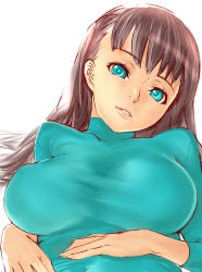 Rule 34 | 1girl, breasts, brown hair, dodai shouji, female focus, green eyes, highres, large breasts, lips, long hair, lying, on back, open mouth, original, simple background, solo