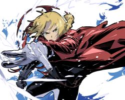 Rule 34 | 1boy, black pants, blonde hair, cofffee, cowboy shot, edward elric, fighting stance, fullmetal alchemist, furrowed brow, gloves, jacket, long hair, long sleeves, looking at viewer, male focus, outstretched hand, pants, parted bangs, prosthesis, prosthetic arm, red jacket, solo, white background, white gloves, yellow eyes