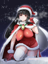 Rule 34 | 1girl, :&lt;, bell, black eyes, black hair, blunt bangs, blush, breasts, cape, christmas, climbing, closed mouth, commentary, covered erect nipples, dress, frown, fur-trimmed cape, fur-trimmed dress, fur-trimmed gloves, fur trim, girls und panzer, gloves, half-closed eyes, halter dress, halterneck, hat, holly, impossible clothes, impossible dress, kneeling, large breasts, long hair, looking at viewer, mature female, microdress, neck bell, night, night sky, nishizumi shiho, outdoors, red cape, red dress, red gloves, red hat, santa costume, santa dress, santa gloves, santa hat, sky, snowing, solo, star (sky), starry sky, straight hair, thighhighs, twitter username, white thighhighs, yokoshima takemaru