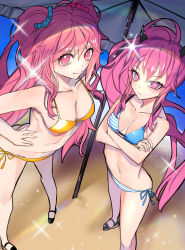 Rule 34 | 2girls, absurdres, bikini, breasts, fake horns, gokuama, grace (sound voltex), highres, horns, large breasts, multiple girls, pink eyes, pink hair, ponytail, rasis, siblings, side-tie bikini bottom, sisters, small breasts, sound voltex, striped bikini, striped clothes, swimsuit, twintails, yellow bikini