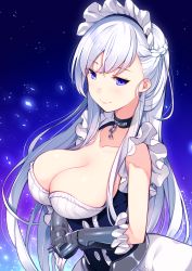 Rule 34 | 1girl, azur lane, bad id, bad pixiv id, belfast (azur lane), blue eyes, blush, braid, breasts, chain, cleavage, closed mouth, collar, collarbone, corset, cowboy shot, french braid, frills, highres, kat (bu-kunn), large breasts, long hair, looking at viewer, maid, maid headdress, outdoors, pink lips, silver hair, sky, smile, solo, star (symbol), very long hair
