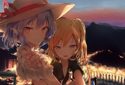 Rule 34 | 2girls, :d, alternate costume, black shirt, blonde hair, blue hair, blush, casual, commentary request, contemporary, crystal, dusk, flandre scarlet, hat, hat ribbon, highres, lens flare, looking at viewer, mountain, mountainous horizon, multiple girls, no headwear, one side up, open mouth, outdoors, pink eyes, pink ribbon, pointy ears, remilia scarlet, ribbon, sakusyo, shirt, short hair, siblings, sisters, smile, touhou, upper body, wings