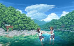 Rule 34 | 2girls, barefoot, blurry, blush, brown eyes, cloud, day, depth of field, closed eyes, fox, hand up, highres, house, kitsune, laughing, long hair, looking at another, mountain, multiple girls, open mouth, original, outdoors, playing, ponytail, reflection, river, rock, rope, scenery, school uniform, see-through silhouette, serafuku, shapoco, shide, shimenawa, short hair, shrine, sky, smile, splashing, standing, standing on one leg, torii, tree, twitter username, wading, water, wet, wet clothes