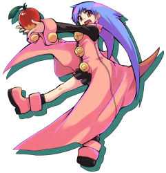Rule 34 | 1girl, apple, blue hair, boots, dragon tail, fang, food, fruit, happy, hogeroro, holding, holding food, holding fruit, long hair, monster girl, original, pink footwear, red eyes, rumie, skirt, solo, tail, tiona