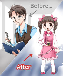 Rule 34 | 1boy, 1girl, age regression, aged down, before and after, camera, camera around neck, child, cigarette, dress, frilled dress, frills, genderswap, genderswap (mtf), glasses, looking at viewer, masakinem, open mouth, original, pen, pink dress, pink footwear, second-party source, smoking, white legwear, writing