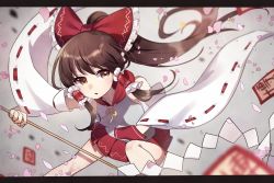 Rule 34 | 1girl, adapted costume, ametama (runarunaruta5656), bare shoulders, bow, brown eyes, brown hair, detached sleeves, gohei, hair bow, hair tubes, hakurei reimu, highres, holding, japanese clothes, letterboxed, long hair, nontraditional miko, ofuda, open mouth, pleated skirt, red bow, red skirt, ribbon-trimmed sleeves, ribbon trim, sidelocks, skirt, solo, touhou, wide sleeves