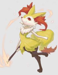 Rule 34 | animal ear fluff, braixen, closed mouth, commentary request, creatures (company), fire, full body, game freak, gen 6 pokemon, grey background, highres, holding, holding stick, leg up, nashimochi 4, nintendo, pokemon, pokemon (creature), red eyes, simple background, smile, solo, standing, standing on one leg, stick, white fur, yellow fur