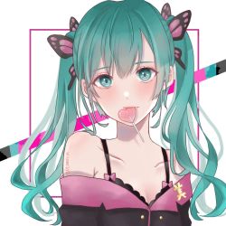 Rule 34 | 1girl, aqua eyes, aqua hair, bad id, bad twitter id, bare shoulders, butterfly hair ornament, candy, collarbone, fang, food, food in mouth, hair ornament, hatsune miku, heart-shaped food, honey whip (module), lollipop, long hair, nekome toworu, project diva (series), ribbon, solo, spaghetti strap, sweet devil (vocaloid), twintails, twitter username, upper body, vocaloid