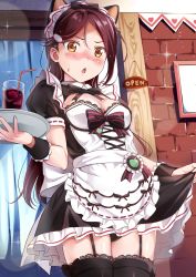 Rule 34 | 1girl, absurdres, animal ears, apron, black bow, black panties, black thighhighs, blush, bow, breasts, brick wall, brown eyes, cat ears, chestnut mouth, clothes lift, drink, drinking straw, english text, frilled apron, frills, garter straps, hair between eyes, head tilt, headdress, highres, lace, lace-trimmed legwear, lace trim, lens flare, lifted by self, long hair, love live!, love live! sunshine!!, low angle, maroon hair, medium breasts, nose blush, open mouth, open sign, panties, pantyshot, puffy short sleeves, puffy sleeves, ribbon-trimmed sleeves, ribbon trim, sakurauchi riko, short sleeves, sign, skirt, skirt lift, solo, sparkle, standing, striped, striped bow, thighhighs, tipii, tray, underwear, very long hair, waist apron, waitress, wrist cuffs